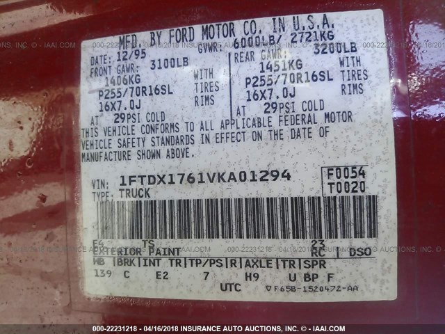 1FTDX1761VKA01294 - 1997 FORD F150 RED photo 9