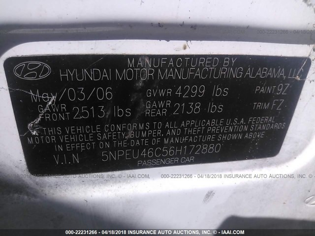 5NPEU46C56H172880 - 2006 HYUNDAI SONATA GLS/LX WHITE photo 9