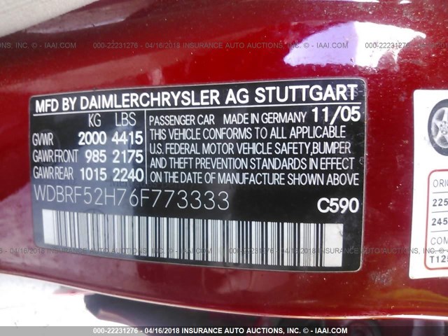 WDBRF52H76F773333 - 2006 MERCEDES-BENZ C GENERATION 2006 230 RED photo 9