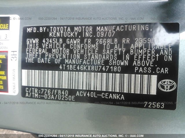 4T1BE46KX8U747180 - 2008 TOYOTA CAMRY CE/LE/XLE/SE GREEN photo 9