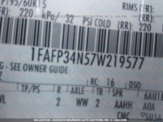 1FAFP34N57W219577 - 2007 FORD FOCUS ZX4/S/SE/SES 白色 照片 9