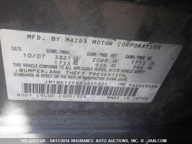 JM1BK12F881835621 - 2008 MAZDA 3 I GRAY photo 9