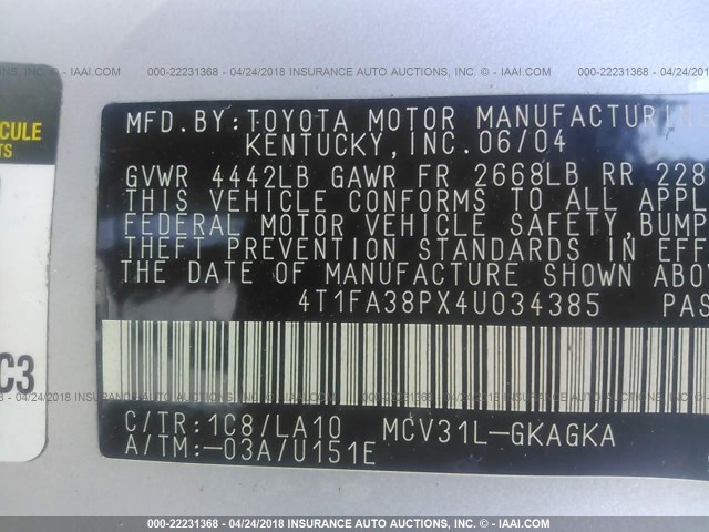 4T1FA38PX4U034385 - 2004 TOYOTA CAMRY SOLARA SE/SLE ვერცხლისფერი ფოტო 9