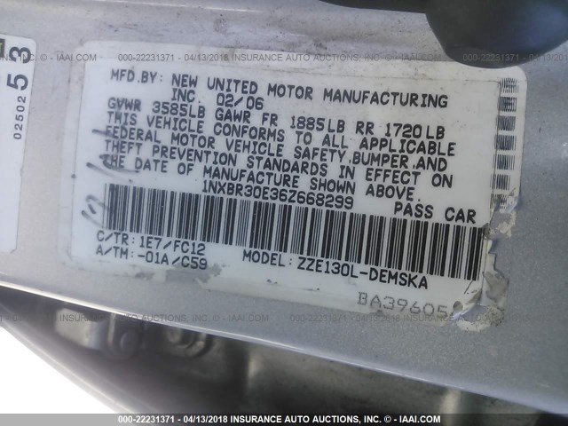 1NXBR30E36Z668299 - 2006 TOYOTA COROLLA CE/LE/S SILVER photo 9