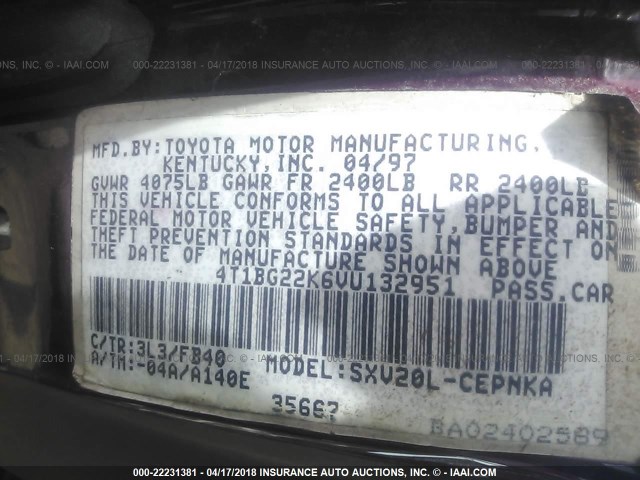 4T1BG22K6VU132951 - 1997 TOYOTA CAMRY CE/LE/XLE მუქწითელი ფოტო 9