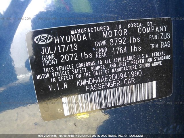 KMHDH4AE2DU941990 - 2013 HYUNDAI ELANTRA GLS/LIMITED BLUE photo 9