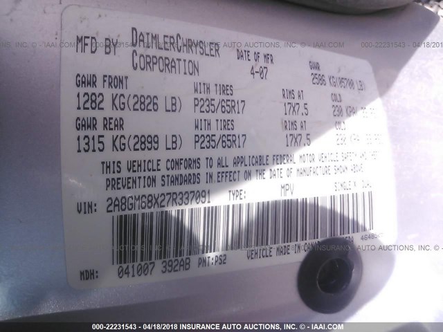 2A8GM68X27R337091 - 2007 CHRYSLER PACIFICA TOURING SILVER photo 9