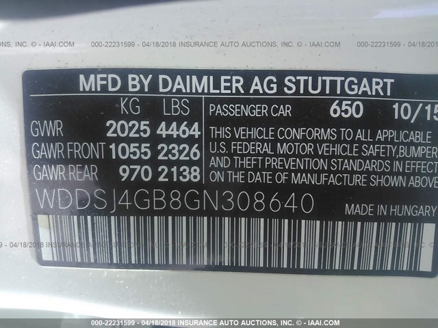 WDDSJ4GB8GN308640 - 2016 MERCEDES-BENZ CLA 250 4MATIC WHITE photo 9