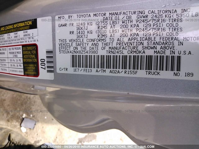 5TEUX42NX8Z543980 - 2008 TOYOTA TACOMA ACCESS CAB SILVER photo 9