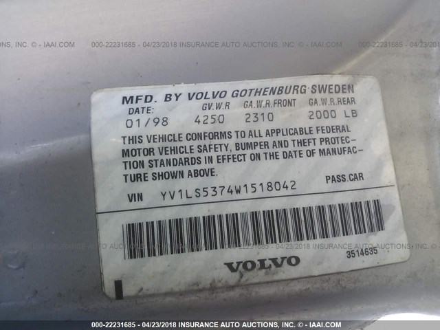 YV1LS5374W1518042 - 1998 VOLVO S70 T5 TURBO SILVER photo 9