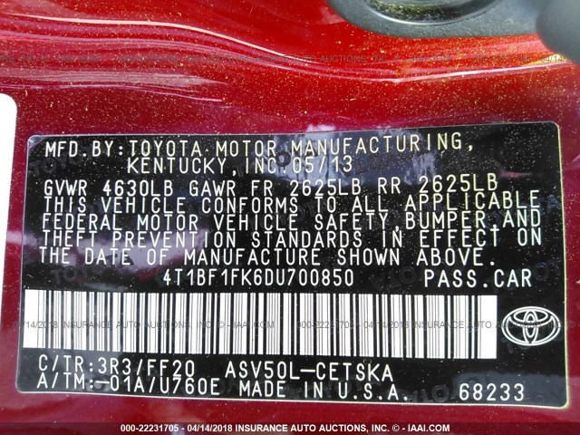 4T1BF1FK6DU700850 - 2013 TOYOTA CAMRY L/SE/LE/XLE 红色 照片 9
