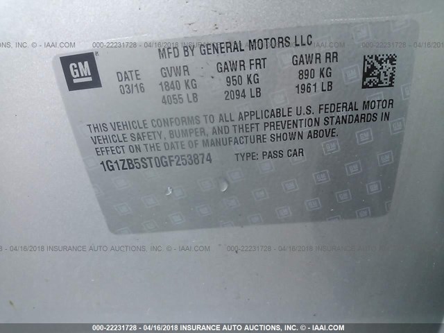 1G1ZB5ST0GF253874 - 2016 CHEVROLET MALIBU LS ვერცხლისფერი ფოტო 9