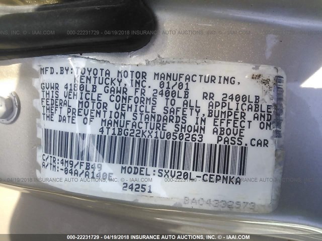 4T1BG22KX1U050263 - 2001 TOYOTA CAMRY CE/LE/XLE 金色 照片 9