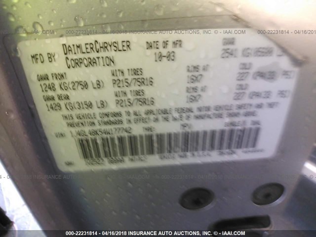 1J4GL48K54W177742 - 2004 JEEP LIBERTY SPORT 银色 照片 9