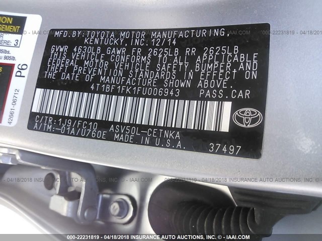 4T1BF1FK1FU006943 - 2015 TOYOTA CAMRY LE/XLE/SE/XSE SILVER photo 9