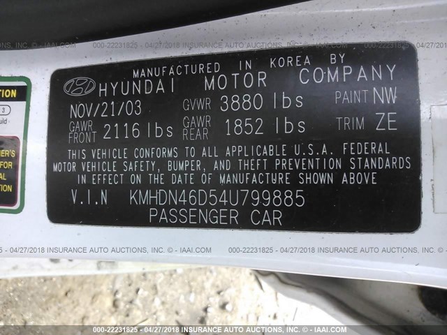 KMHDN46D54U799885 - 2004 HYUNDAI ELANTRA GLS/GT WHITE photo 9