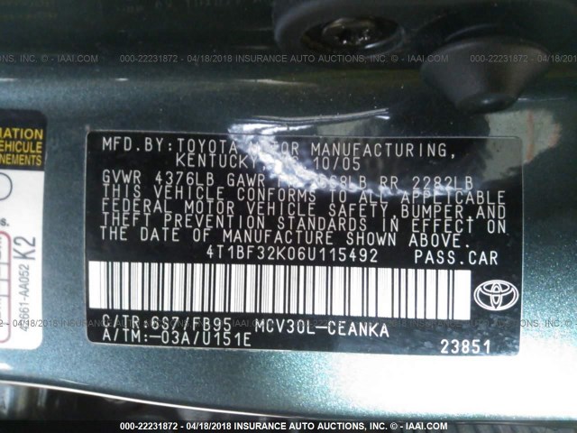 4T1BF32K06U115492 - 2006 TOYOTA CAMRY LE/XLE/SE მწვანე ფოტო 9