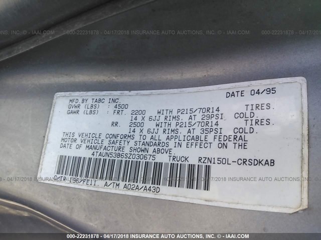 4TAUN53B6SZ030675 - 1995 TOYOTA TACOMA XTRACAB GRAY photo 9