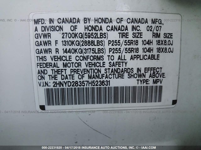 2HNYD28357H523631 - 2007 ACURA MDX TECHNOLOGY WHITE photo 9