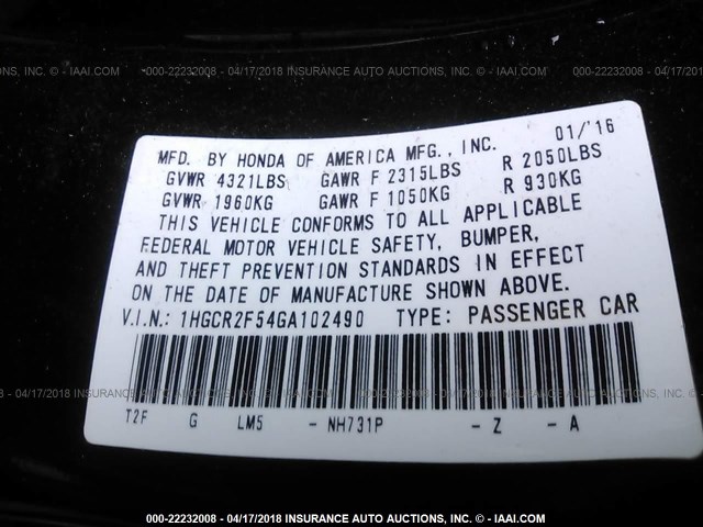 1HGCR2F54GA102490 - 2016 HONDA ACCORD SPORT 黑色 照片 9