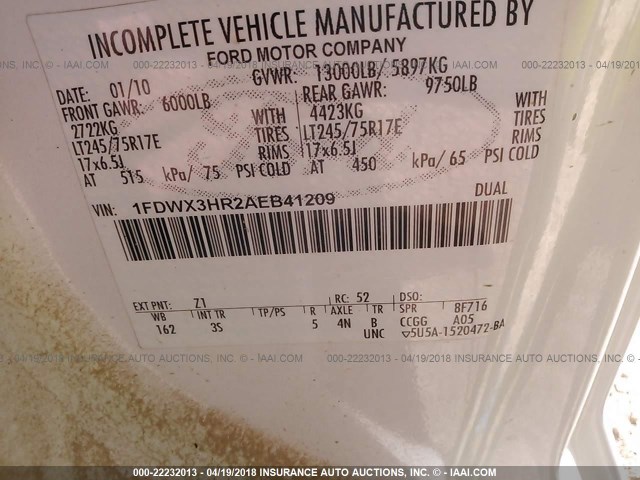 1FDWX3HR2AEB41209 - 2010 FORD F350 SUPER DUTY WHITE photo 10