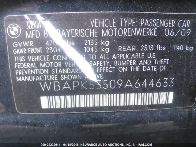 WBAPK53509A644633 - 2009 BMW 328 XI SULEV BLACK photo 9