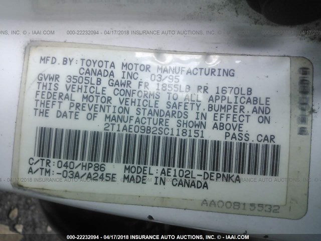 2T1AE09B2SC118151 - 1995 TOYOTA COROLLA LE/DX 白色 照片 9