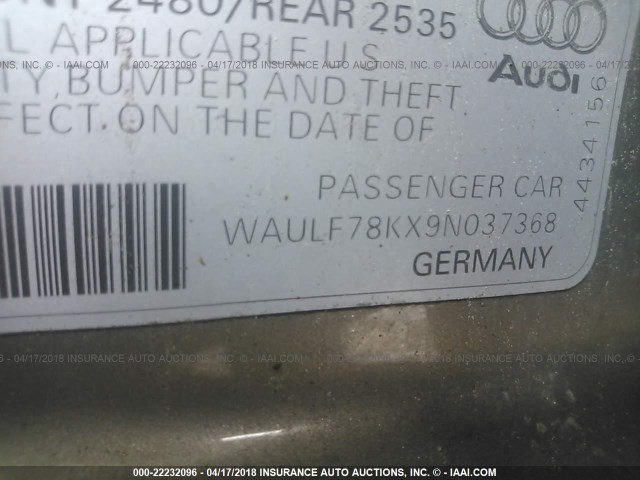 WAULF78KX9N037368 - 2009 AUDI A4 2.0T QUATTRO GOLD photo 9