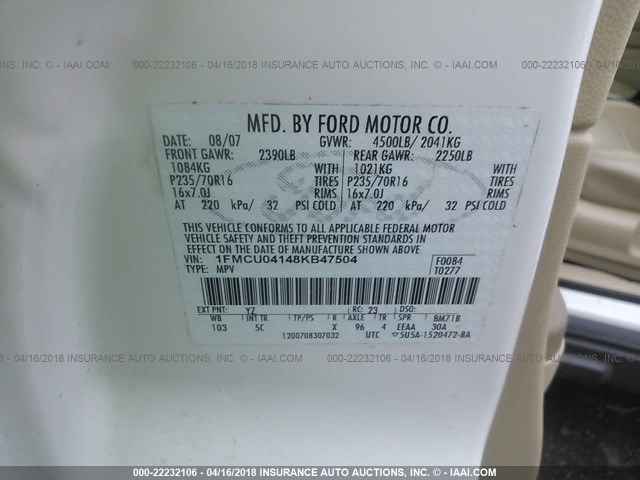 1FMCU04148KB47504 - 2008 FORD ESCAPE LIMITED WHITE photo 9