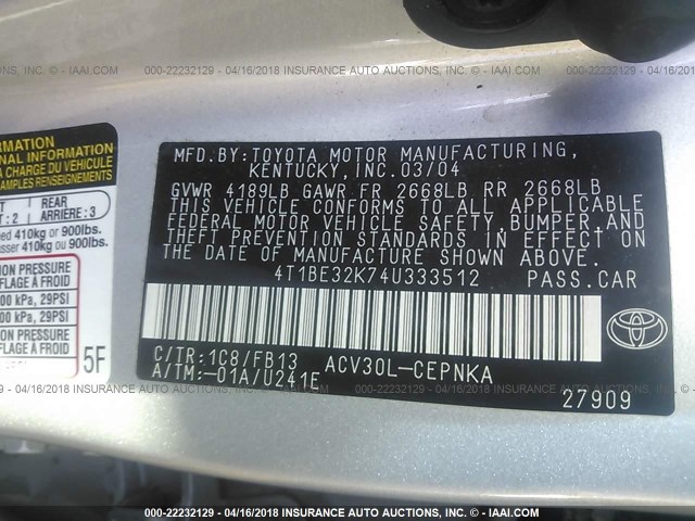 4T1BE32K74U333512 - 2004 TOYOTA CAMRY LE/XLE/SE SILVER photo 9