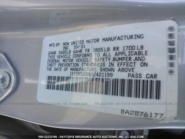 1Y1SK52882Z421199 - 2002 CHEVROLET GEO PRIZM LSI 银色 照片 9