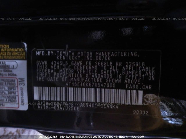 4T1BE46K67U547900 - 2007 TOYOTA CAMRY NEW GENERAT CE/LE/XLE/SE BLACK photo 9