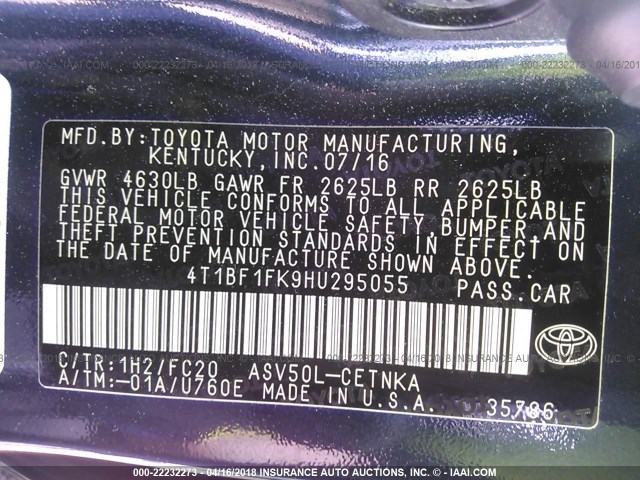 4T1BF1FK9HU295055 - 2017 TOYOTA CAMRY LE/XLE/SE/XSE Schwarz Foto 9