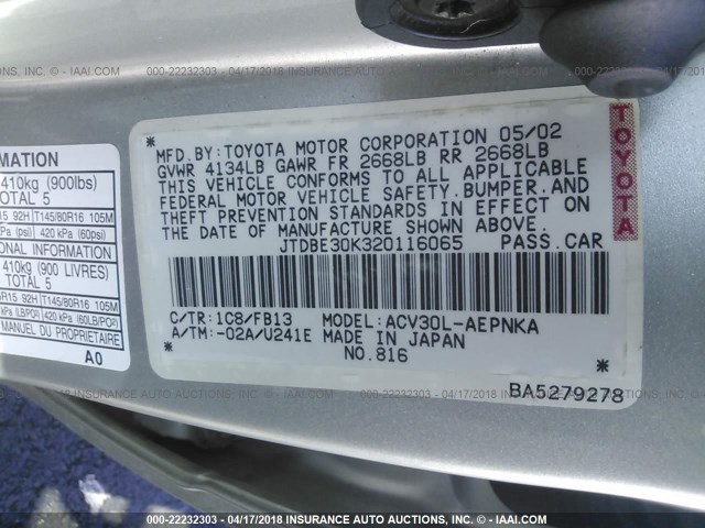 JTDBE30K320116065 - 2002 TOYOTA CAMRY LE/XLE/SE SILVER photo 9