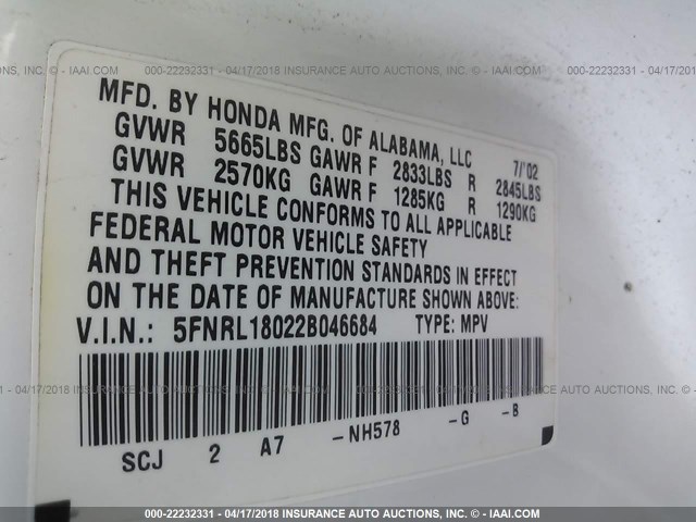 5FNRL18022B046684 - 2002 HONDA ODYSSEY EXL თეთრი ფოტო 9