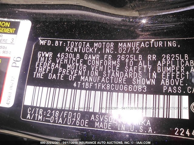 4T1BF1FK8CU066083 - 2012 TOYOTA CAMRY SE/LE/XLE 黑色 照片 9