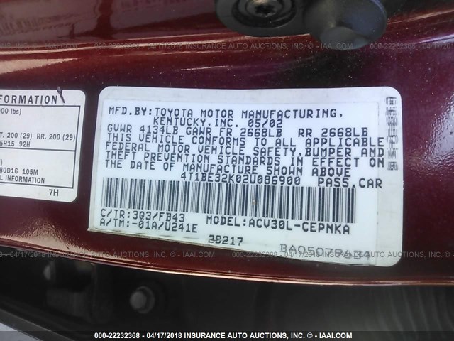 4T1BE32K02U086900 - 2002 TOYOTA CAMRY LE/XLE/SE RED photo 9