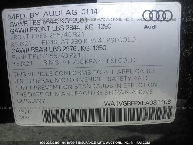 WA1VGBFPXEA081408 - 2014 AUDI SQ5 PRESTIGE შავი ფოტო 9