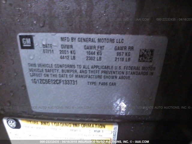 1G1ZC5E02CF133731 - 2012 CHEVROLET MALIBU 1LT Dark Brown photo 9