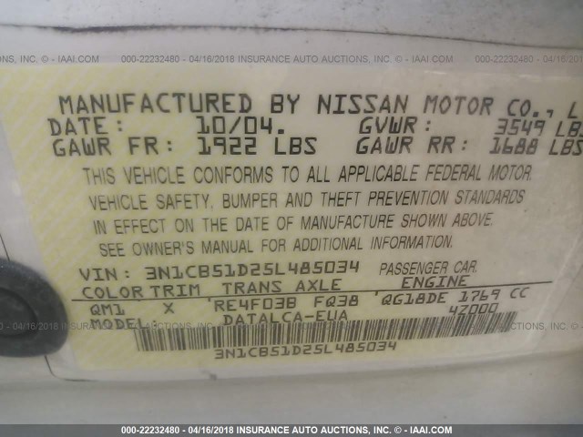 3N1CB51D25L485034 - 2005 NISSAN SENTRA 1.8/1.8S WHITE photo 9