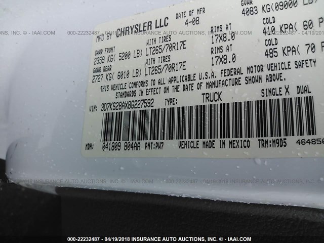 3D7KS28AX8G227592 - 2008 DODGE RAM 2500 ST/SLT 白色 照片 9