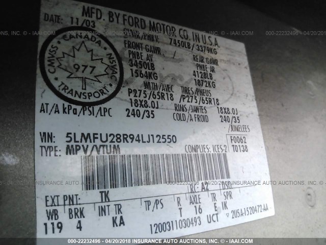 5LMFU28R94LJ12550 - 2004 LINCOLN NAVIGATOR TAN photo 9