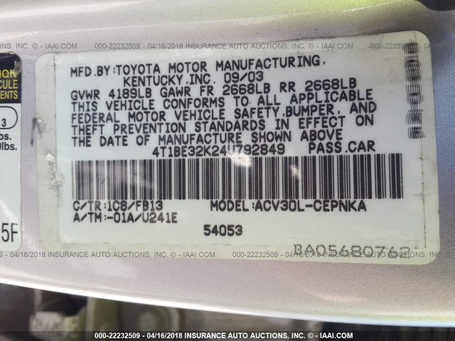 4T1BE32K24U792849 - 2004 TOYOTA CAMRY LE/XLE/SE SILVER photo 9