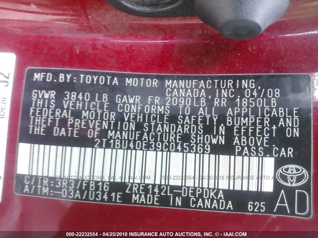 2T1BU40E39C045369 - 2009 TOYOTA COROLLA S/LE/XLE RED photo 9