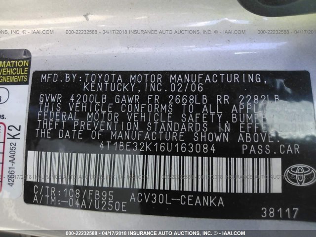 4T1BE32K16U163084 - 2006 TOYOTA CAMRY LE/XLE/SE 银色 照片 9