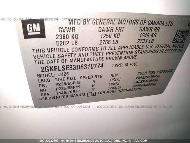 2GKFLSE33D6310774 - 2013 GMC TERRAIN SLE WHITE photo 9