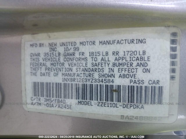 1NXBR12E3YZ334584 - 2000 TOYOTA COROLLA VE/CE/LE 米色 照片 9