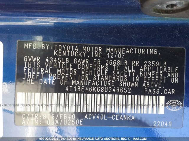 4T1BE46K68U248652 - 2008 TOYOTA CAMRY CE/LE/XLE/SE BLUE photo 9