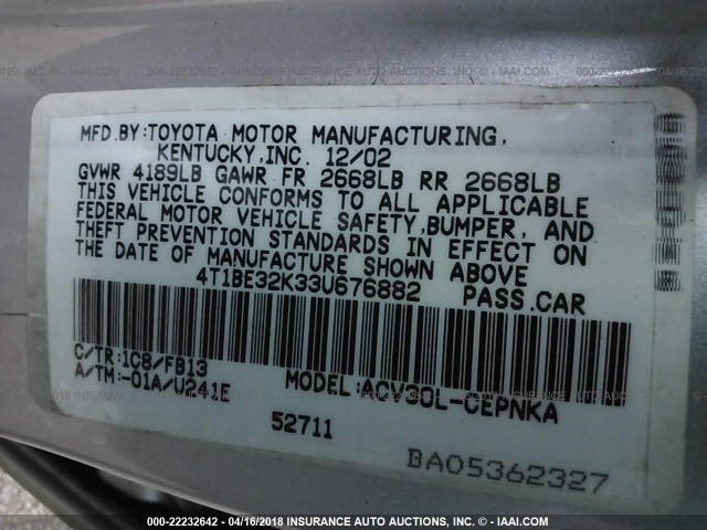 4T1BE32K33U676882 - 2003 TOYOTA CAMRY LE/XLE/SE ვერცხლისფერი ფოტო 9