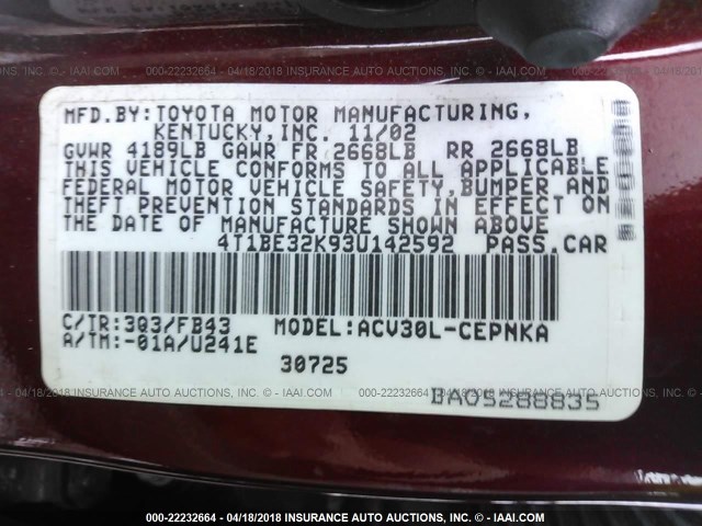 4T1BE32K93U142592 - 2003 TOYOTA CAMRY LE/XLE/SE RED photo 9